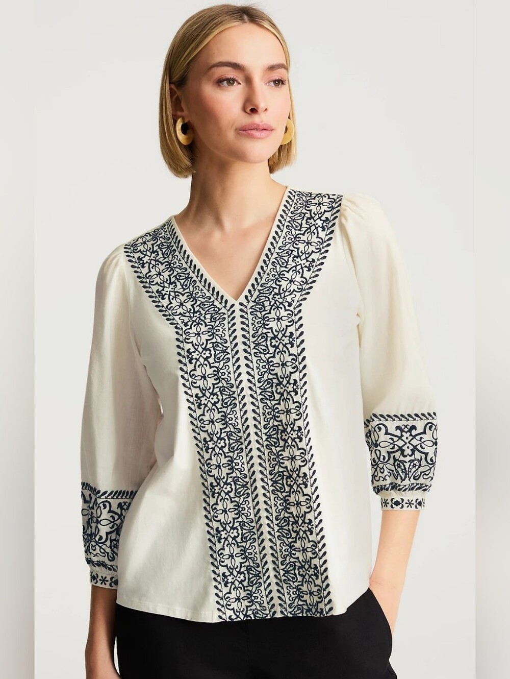 Pure‎ Jill J. Jill PJ Embroidered Mix-Media V-Neck Blouse In Cream Black Size XL